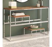 LAPOOH Table console en acier inoxydable argenté bois massif recyclé, table d'entrée, table d'entrée étroite, table basse de salon, table d'appoint, meuble d'entrée - 350008