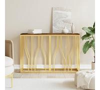 LAPOOH Table console en acier inoxydable et bois massif recyclé doré, table d'entrée, table d'entrée étroite, table basse de salon, table d'appoint, meuble d'entrée 350030