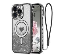 LAPOPNUT Coque pour iPhone 13 Pro Compatible avec MagSafe Glitter Pailletés Carte et Bracelet pour Filles Femmes Bling Diamond Raised Lens Protection Coque pour iPhone 13 Pro Noir