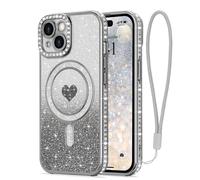 LAPOPNUT Coque pour iPhone 14 Compatible avec MagSafe Glitter Pailletés Carte et Bracelet pour Filles Femmes Bling Diamond Raised Lens Protection Coque pour iPhone 14 Argent