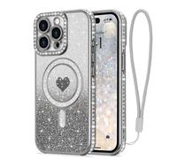 LAPOPNUT Coque pour iPhone 14 Pro Compatible avec MagSafe Glitter Pailletés Carte et Bracelet pour Filles Femmes Bling Diamond Raised Lens Protection Coque pour iPhone 14 Pro Argent