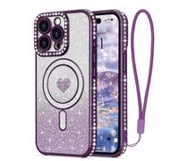 LAPOPNUT Coque pour iPhone 14 Pro Compatible avec MagSafe Glitter Pailletés Carte et Bracelet pour Filles Femmes Bling Diamond Raised Lens Protection Coque pour iPhone 14 Pro Violet