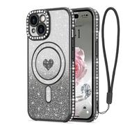 LAPOPNUT Coque pour iPhone 15 Compatible avec MagSafe Glitter Pailletés Carte et Bracelet pour Filles Femmes Bling Diamond Raised Lens Protection Coque pour iPhone 15 Noir