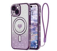 LAPOPNUT Coque pour iPhone 15 Compatible avec MagSafe Glitter Pailletés Carte et Bracelet pour Filles Femmes Bling Diamond Raised Lens Protection Coque pour iPhone 15 Violet