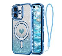 LAPOPNUT Coque pour iPhone 16 Compatible avec MagSafe Glitter Pailletés Carte et Bracelet pour Filles Femmes Bling Diamond Raised Lens Protection Coque pour iPhone 16 Bleu