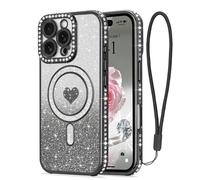 LAPOPNUT Coque pour iPhone 16 Pro Compatible avec MagSafe Glitter Pailletés Carte et Bracelet pour Filles Femmes Bling Diamond Raised Lens Protection Coque pour iPhone 16 Pro Noir