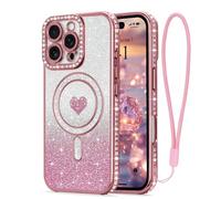 LAPOPNUT Coque pour iPhone 16 Pro Max Compatible avec MagSafe Glitter Pailletés Carte et Bracelet pour Filles Femmes Bling Diamond Raised Lens Protection Coque pour iPhone 16 Pro Max Rose