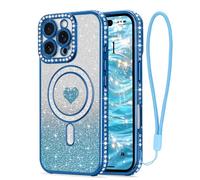 LAPOPNUT Coque pour iPhone 16 Pro Max Compatible avec MagSafe Glitter Pailletés Carte et Bracelet pour Filles Femmes Bling Diamond Raised Lens Protection Coque pour iPhone 16 Pro Max Bleu