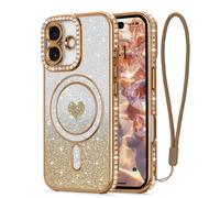 LAPOPNUT Coque pour iPhone 17 Glitter Pailletés Carte et Bracelet pour Filles Femmes Bling Diamond Raised Lens Protection Coque Compatible avec MagSafe Or