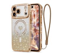 LAPOPNUT Coque pour iPhone 17 Pro Glitter Pailletés Carte et Bracelet pour Filles Femmes Bling Diamond Raised Lens Protection Coque Compatible avec MagSafe Or