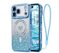 LAPOPNUT Coque pour iPhone 17 Pro Glitter Pailletés Carte et Bracelet pour Filles Femmes Bling Diamond Raised Lens Protection Coque Compatible avec MagSafe Bleu