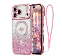 LAPOPNUT Coque pour iPhone 17 Pro Glitter Pailletés Carte et Bracelet pour Filles Femmes Bling Diamond Raised Lens Protection Coque Compatible avec MagSafe Rose