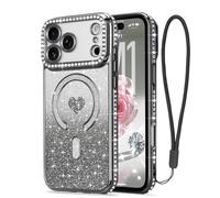 LAPOPNUT Coque pour iPhone 17 Pro Max Glitter Pailletés Carte et Bracelet pour Filles Femmes Bling Diamond Raised Lens Protection Coque Compatible avec MagSafe Noir