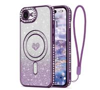 LAPOPNUT Coque pour iPhone 17e/16e Glitter Pailletés Carte et Bracelet pour Filles Femmes Bling Diamond Raised Lens Protection Coque Compatible avec MagSafe Violet