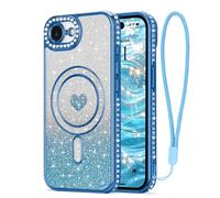 LAPOPNUT Coque pour iPhone 17e/16e Glitter Pailletés Carte et Bracelet pour Filles Femmes Bling Diamond Raised Lens Protection Coque Compatible avec MagSafe Bleu