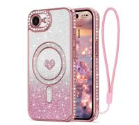 LAPOPNUT Coque pour iPhone 17e/16e Glitter Pailletés Carte et Bracelet pour Filles Femmes Bling Diamond Raised Lens Protection Coque Compatible avec MagSafe Rose