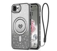 LAPOPNUT Coque pour iPhone 17e/16e Glitter Pailletés Carte et Bracelet pour Filles Femmes Bling Diamond Raised Lens Protection Coque Compatible avec MagSafe Noir