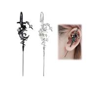 LAPQOS Boucles d'oreilles pour femme,Boucles d'oreilles longues style subculture lune et étoile, bâton magique, sans piercing (croc à oreille), argent et noir, design gothique féerique.
