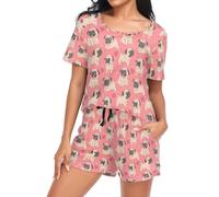 Laprad Ensemble de pyjama doux à manches courtes pour femme - 2 pièces - Ensemble de pyjama avec poches, Carlin en forme de cœur, S