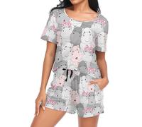 Laprad Ensemble de pyjama doux à manches courtes pour femme - 2 pièces - Ensemble de pyjama avec poches, hippopotame de dessin animé, XXL