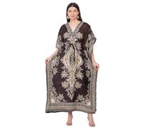 LAPSHA'S Robe caftan pour femme - Robe de plage - Imprimé ethnique tribal - Grande taille - Kimono ample, marron, 28