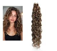 Larafona Hair Bande Adhesive Extension Cheveux Naturel Bouclés, Tape in Human Hair Extensions 100% Remy Ondules Brun Highlights Blond P4/27# 20pcs, 50g 16inch/40cm