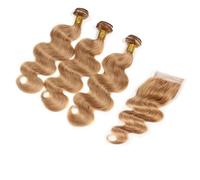 Larafona Hair Body Wave Tissage Blond 27# Cheveux Naturels Humain Ondules Brazilian Virgin Human Hair Bundles with Lace Closure (22"24"26"+18"closure)