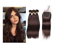 Larafona Hair Cheveux Humains Naturels Brun Foncé 2# Cheveux Vierges Brésiliens Tissage Lisse 3pc Human Hair Bundles et Lace Closure (16"18"20"+14"closure)