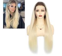 Larafona Perruque en cheveux humains ombrés, blond clair, pour femme, sans colle, 45 cm, 100 % cheveux humains Remy, racines foncées, 45 cm