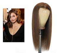 Larafona Perruque en cheveux humains Remy, longue, marron clair, 60 cm, lisse, 100 % cheveux humains Remy, dentelle transparente, pré-bouclée avec cheveux de bébé