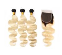 Larafona Remy Hair Closure Tissage Ondules Naturel Cheveux Humain Extensions Ombre Blond T1B/613# Bresilien Human Hair Bundles (10"10"10"+10"closure)