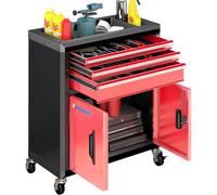 LARBANKE Coffre à outils roulant avec 3 tiroirs et 2 portes, coffre à outils avec roues pivotantes à 360°, serrure et clés, armoire à outils avec doublures de tiroir et tiges de connexion pour empiler