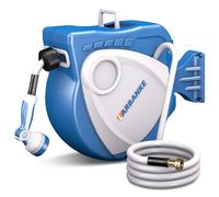 Larbanke Enrouleur de tuyau d'arrosage rétractable, 1,27 cm x 30,5 m, avec buses à 10 motifs, verrouillage de n'importe quelle longueur, support pivotant à 180°, système de retour, avec trou de fuite