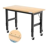 LARBANKE Établi de Garage 120cm,Établi en Bois de Caoutchouc Ajustable à 5 Hauteurs Différentes,Table de Travail en Bois Dur d'une Capacité de Plus de 900KG,avec Roues Freinées,pour Garage,Bureau
