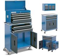 LARBANKE Servante d'atelier 8 tiroirs, roulettes 360°, plan inox, blocage, pieds amortisseurs, table extensible garage bleu