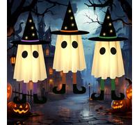 Larber 3 Pièces Fantômes Suspendus pour Halloween avec LED,60CM Fantômes Suspendus avec Chapeau Lumières Fantômes Lumineuses pour Jardin, Terrasse, Patio, Arbre à L'extérieur Décoration