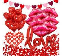 Larber Romantique Saint-Valentin Déco Kit,Romantiques Pétale de Rose 50 Bougies de Coeur,12 Ballons Coeur,8 Ballons Lèvres LOVE Ballon Décoration pour Mariage Fiançailles Anniversaire Chambre Amour