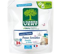 L'ARBRE VERT Lessive Liquide Hypoallergénique Peaux Sensibles Famille et Bébé - Format 1,5 L - Ecolabel Européen - 94% Ingrédients d'Origine Naturelle - Fabriqué en France - Lot de 3