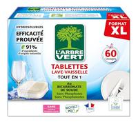 L'ARBRE VERT Tablettes Lave-Vaisselle Tout en 1 au Bicarbonate de Soude - 60 Tablettes Hydrosolubles - Format 1,095 kg - Ecolabel Européen - Sans Phosphates ni Colorants - Fabriqué en France