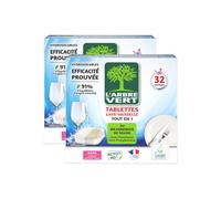 L'Arbre Vert Tablettes Lave-Vaisselle Tout-en-1 au Bicarbonate de Soude, Sans Parfum, 2 x 32 Tablettes (= 64 Tablettes), 64 Lavages