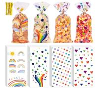 Larcenciel 100PCS Sac Cadeau Arc-en-ciel, Sacs de Bonbons Colorés avec Attaches Torsadées, Petit Sachet Plastique Transparent à Pois en Forme de Coeur pour Anniversaire Mariages Fêtes Cadeau, 27x13cm