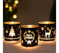 Larcenciel Décoration Table Noël - Ensemble de 3 Photophores Noël en Verre Noir et Doré, Bougeoirs Noel avec Motifs Renne, Arbre & Joyeux Noel, Porte Bougie Idéal pour Centre de Table (7 x 7 x 8cm)