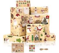 Larcenciel Kit Papier Cadeau Noel avec Etiquette et Autocollant, 6 Feuilles Papier Emballage Cadeau Noël Vintage avec Joli Père Noël Renne, Papier Kraft Brun Épais po