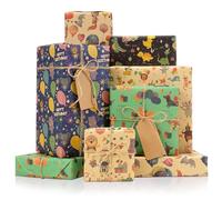 Larcenciel Papier Cadeau Anniversaire, Papier Cadeau Kraft Fête D'animaux Joyeux pour Enfant, Papier Emballage Cadeau Mignon Dinosaure Chien Renard pour Anniversaire, Baptême, Fête, 6 Feuilles 70x50cm