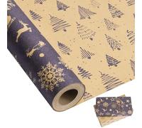 Larcenciel Papier Cadeau Noël Rouleau 43cm x 10m, Emballage Cadeau Noël Kraft Brun et Bleu, Papier Cadeau Rouleau Bilatéral Flocons de Neige Arbre pour Enfant, Homme, Nouvel An, Hivers, Fêtes