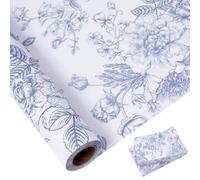 Larcenciel Papier de Soie Rouleau Floraux Vintage 10m x 43cm, Papier Cadeau Bleu et Blanc, Papier Soie Emballage à Roses et Pivoines, Papier Bouquet de Fleur Craft pour Mariages, Anniversaires, DIY