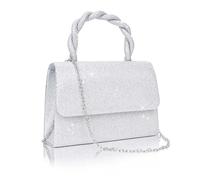 Larcenciel Pochettes et Clutches Femme, Pochette Femme Argentée Pailletée avec Poignée en Corde Torsadée et 2 Sangle en Chaîne Détachable, Sac a Main Fashion pour Mariage Fete Boule, 20x6x14cm