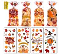 Larcenciel Sac Cadeau de Thanksgiving, 100 Pcs Sachet Plastique Transparent Thème Automne pour Bonbon Biscuits Pop Corn Gâteau Emballage Cadeau, Petit Pochette Cadeau pour Thanksgiving Fête Halloween