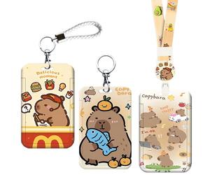 LaresDay Capybara Porte-badge 3 en 1 pour métro/ticket de transport avec porte-clés, collier réglable et cordon en cuir - Porte-badge de dessin animé avec clip de sécurité pour adolescents, bureau