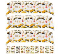 LaresDay Lot de 3 nappes avec pelleteuse, 10 autocollants, en plastique, imperméable, pour décoration de construction, anniversaire d'enfant, chantier, maison et pique-nique, 2 à 5 ans, garçon